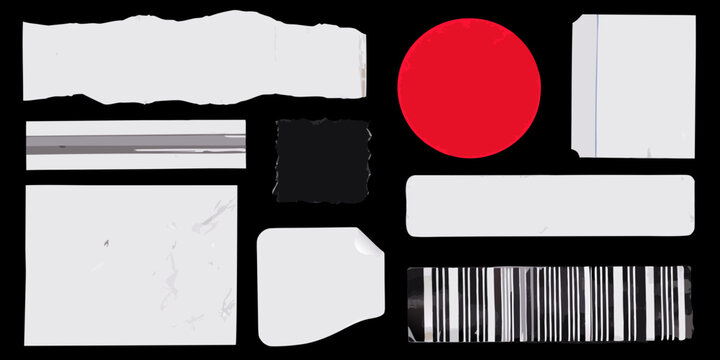 collection of white paper labels and barcode sticker on black background stickers label set plain various shapes rectangle oval torn edges vector illustration