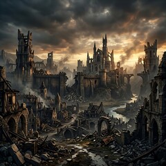 Naklejka premium Dark medieval city under stormy sky with ruins.