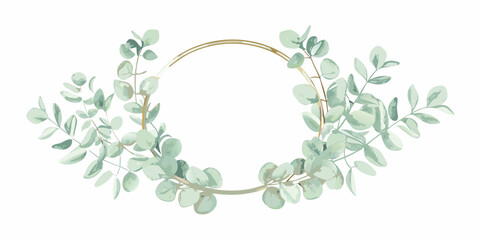 circular wreath with eucalyptus leaves watercolor style green floral ornament nature botanical frame circle decorative artwork illustration design pattern natural element plant herb © Rina