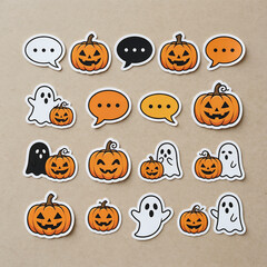 Obraz premium Halloween sticker collection featuring spooky ghosts, carved jack o lanterns, and festive speech bubbles set