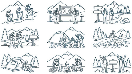 Hiking and camping scene set outdoor adventures with mountain landscape. © SELINA