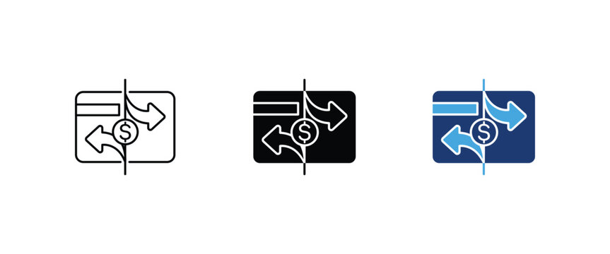Split payment icon, Credit card divided with arrows and dollar symbol, Shared bill transaction graphics, Vector illustration