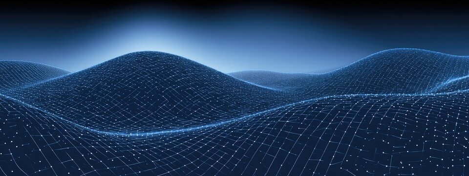 Abstract blue glowing digital terrain with luminous grid and points