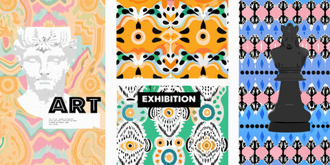 art exhibition posters with colorful patterns and chess piece graphic design modern eclectic illustration vector background scenic composition gallery museum culture creativity abstract © Rina