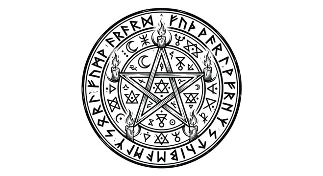 Black and white tattoo style illustration of a ritual summoning circle featuring ancient runes, a central pentagram star, burning candles, and occult symbols on white background.