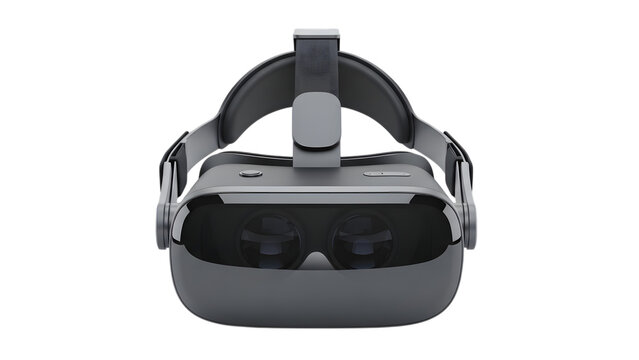 Black virtual reality headset for gaming and simulation isolated on transparent background