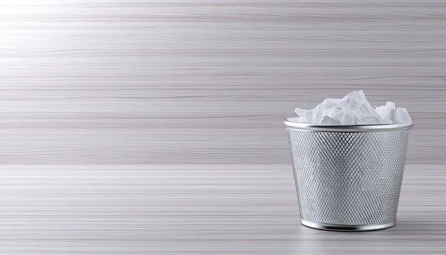 Metal waste bin filled with crumpled paper rests on a wooden desk