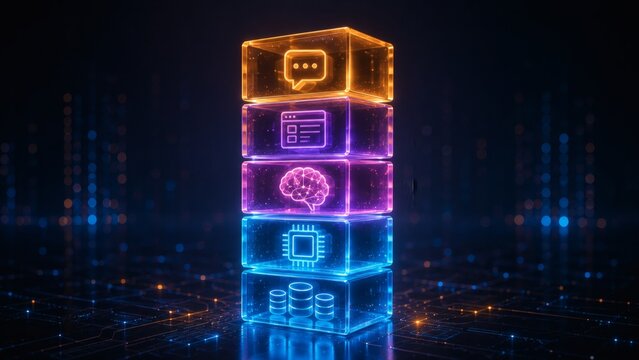 Futuristic glowing AI technology stack with neural network and data icons on dark background