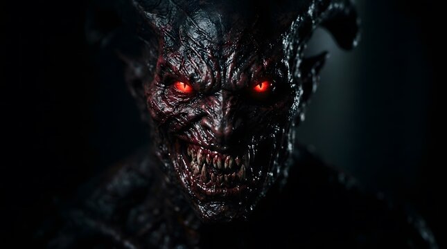 A terrifying demon with glowing red eyes emerging from darkness for a spooky happy halloween holiday background