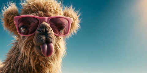 Fototapeta premium A hilarious close-up portrait of a fluffy camel wearing pink sunglasses and sticking its tongue out. Set against a bright sunny sky with copy space, perfect for humorous concept projects and vacation 