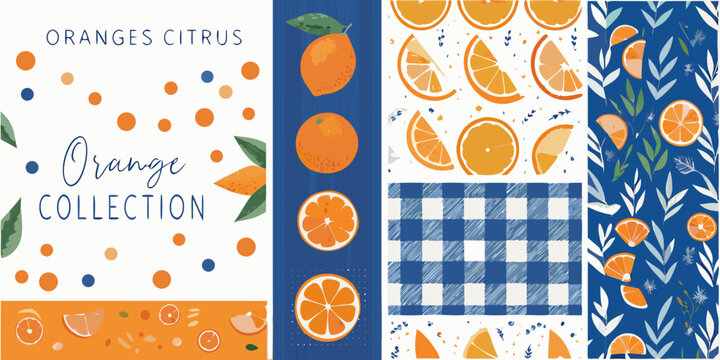 oranges citrus collection vector illustration with blue and orange colors fruit pattern design graphic art slice leaf checkered background food summer fresh natural