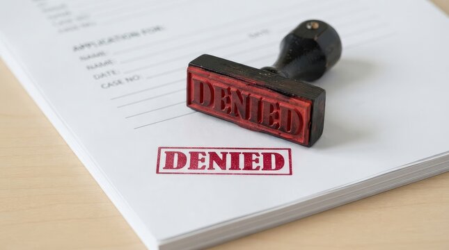 Red stamp marking denied on official document with partial form background with prominently placed partially lines text background ink stamp labeled