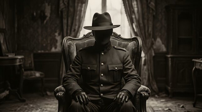 A mysterious faceless man in a trench coat and hat sitting in a dark room for happy halloween