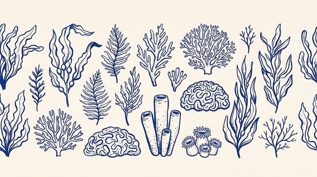Hand drawn vector seamless border pattern with ocean corals and seaweeds in monochrome black and white fineart style perfect for persia iran packaging print and wall art