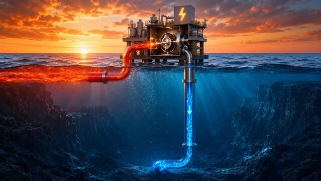 Ocean thermal energy conversion platform at sunset extracting deep sea water