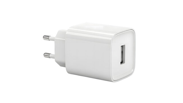 White usb wall charger plug adapter for electronic devices isolated on transparent background