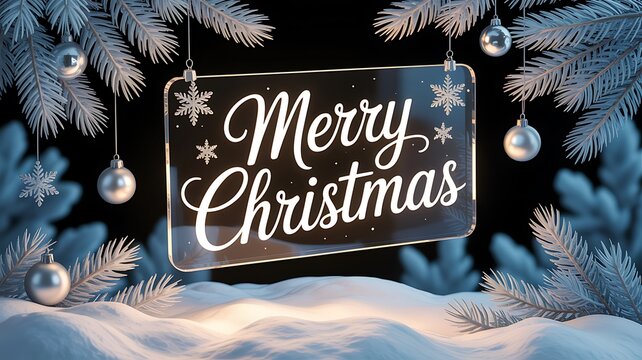 A transparent glass sign with Merry Christmas written in white script surrounded by frosted pine branches and silver ornaments