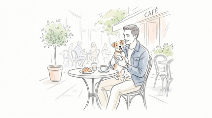 Fototapeta premium Man holding dog at outdoor cafe table enjoying coffee and pastry 
