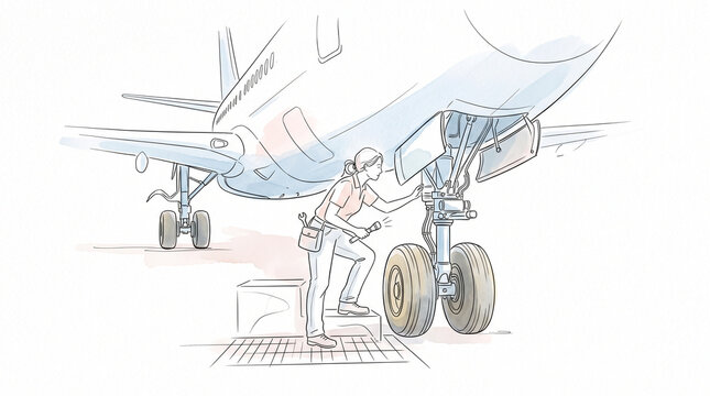 Mechanic checking aircraft landing gear while standing on a platform  