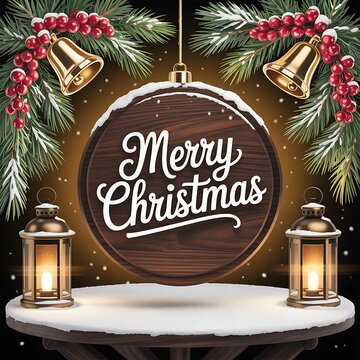 Festive Merry Christmas greeting surrounded by pine branches golden bells and glowing lanterns on a snowy table