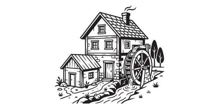 Rustic stone water mill with spinning wheel vector black white drawing