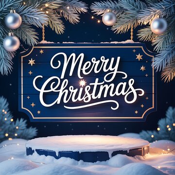 Festive Merry Christmas sign adorned with sparkling ornaments and twinkling lights in a snowy winter setting