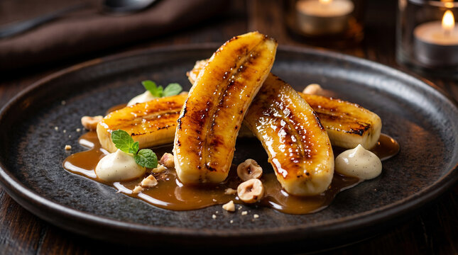 A breathtaking and highly detailed stock photograph capturing a beautifully arranged caramelized banana dessert plate served inside a luxurious fine dining restaurant room.