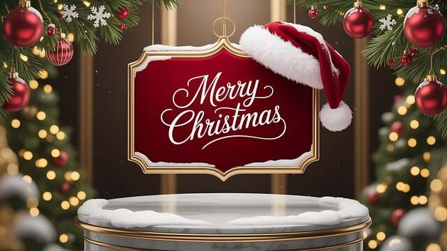 Festive Merry Christmas sign with Santa hat and ornaments on decorated pine trees