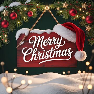 Festive Merry Christmas wooden sign with Santa hat surrounded by evergreen branches and snowcovered ground and bokeh lights