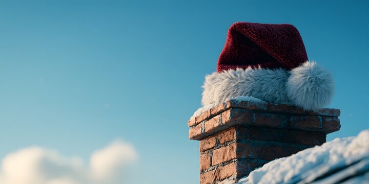 Red Santa Claus hat resting on a brick chimney covered in winter snow against a bright blue sky background, symbolizing Christmas Eve, festive celebration, and holiday magic.