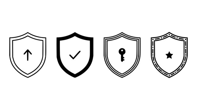 Four shield icons set with flat design featuring security, protection, and badge symbols with clean lines and modern style