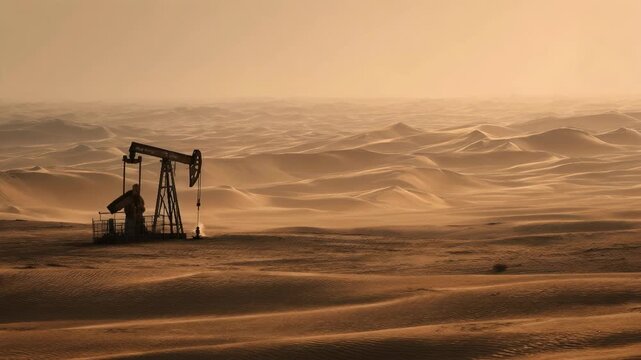 Solitary oil pump jack standing in vast golden desert sand dunes at warm sunset light