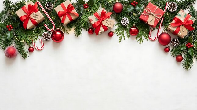 Christmas festive border with gift boxes pine branches and ornaments for holiday greeting card