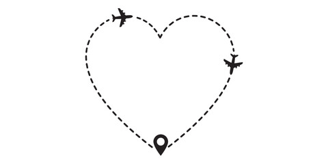 Fototapeta premium Airplane travel route heart path illustration with airplane, location