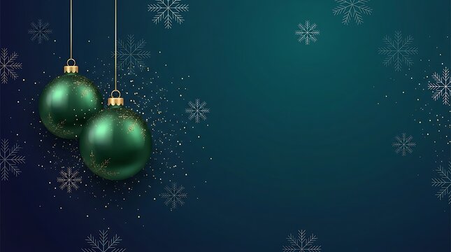Two green christmas ornaments hanging with falling snowflakes on a dark festive background