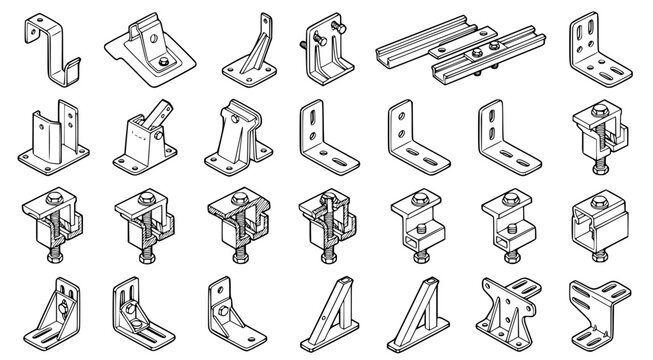 Assorted metal mounting brackets and industrial hardware components in isometric view for mechanical assembly and construction projects