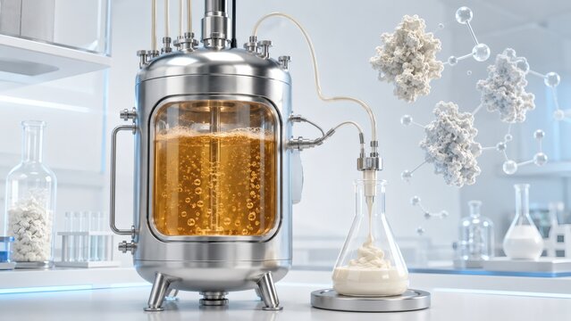 Precision fermentation bioreactor with molecular structures in a modern laboratory setting