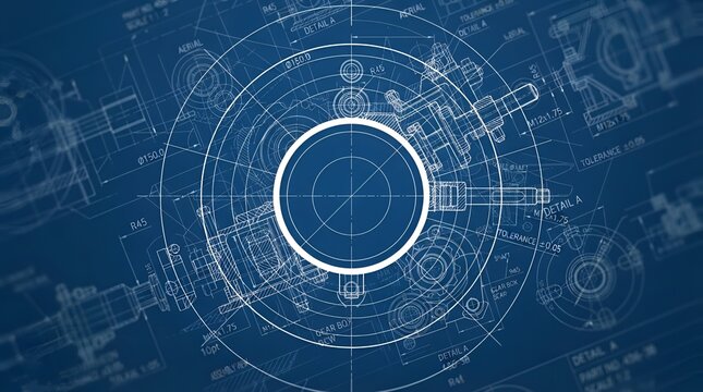 Technical engineering blueprint background, with white circular, geometric lines and, mechanical schematics overlay, on a deep, blue paper texture surface