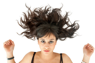 Fototapeta premium Pretty girl with long hair scattered on the floor, on transparent background