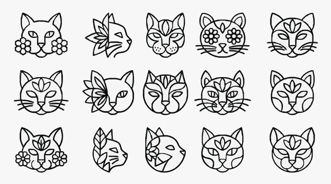 Cute Cat Silhouette Variations Line Art.