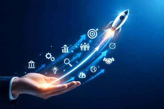 Open hand launching metallic rocket with glowing blue trajectory arrows. Concept of corporate venture growth and strategic business leadership.
