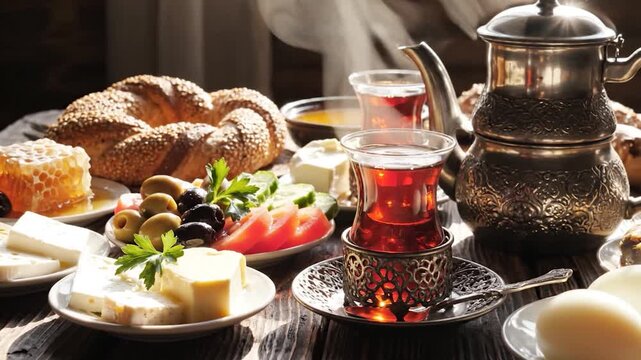 Traditional Turkish breakfast served on a rustic wooden table
