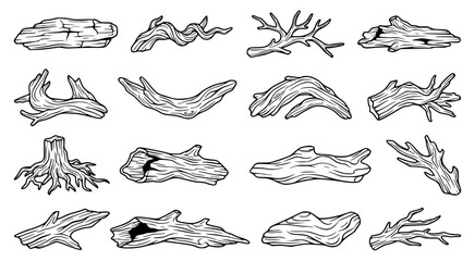 Obraz premium Set of hand drawn wooden logs and fallen tree branches for nature illustrations and woodland forest design elements in black and white line art