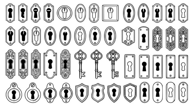 Vintage keyholes and decorative door locks in various ornate shapes and styles for architectural hardware design or antique furniture concepts