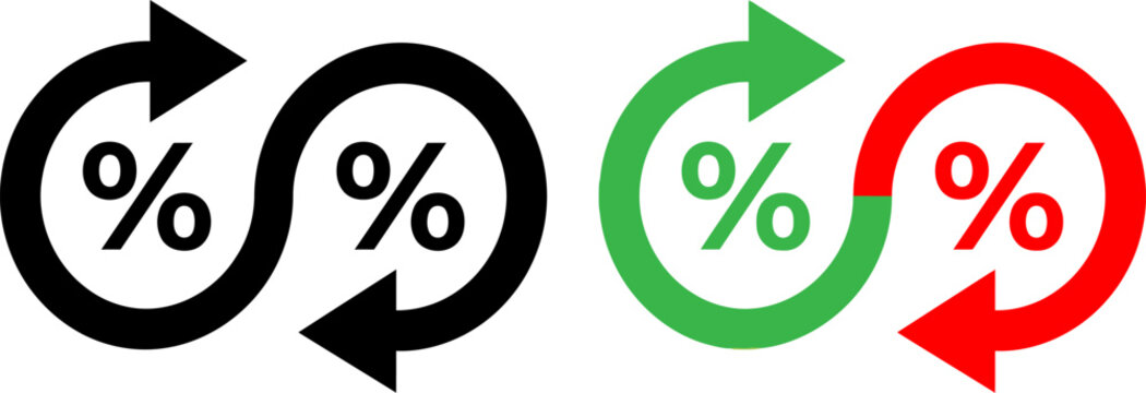 Vector infinity loop arrow icons featuring percent symbols in black and colored design, ideal for interest rate exchange, discount offer, and financial cashback concepts.