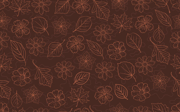 Autumn Floral Vector Seamless Pattern with Hand Drawn Line Art Leaf and Flower Outline Background