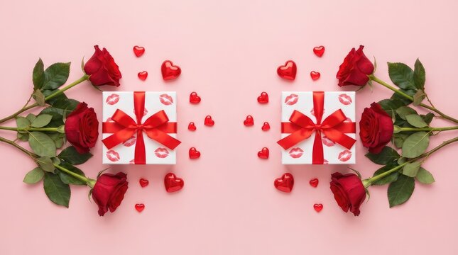 Romantic gift presentation with red roses and decorative boxes on soft pink background with showcases two elegant gift boxes adorned red ribbons lipstick kisses