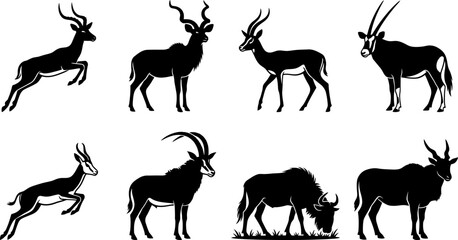 Set of black silhouette antelopes, gazelles, and wild horned animals vector icons for wildlife and safari design © Hasan