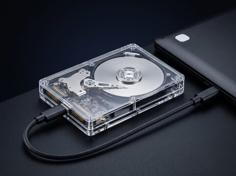 Transparent External Hard Drive Connected to a Laptop for Data Storage and Backup
