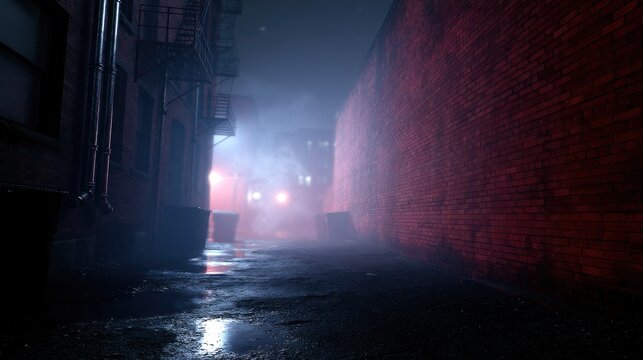 Foggy urban alley illuminated by distant red glow, wet pavement
